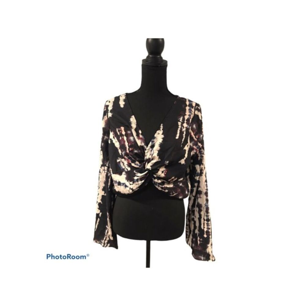 MATERIAL GIRL Womens Crop Top Black Bell Sleeve Evening Tie Dye Juniors L